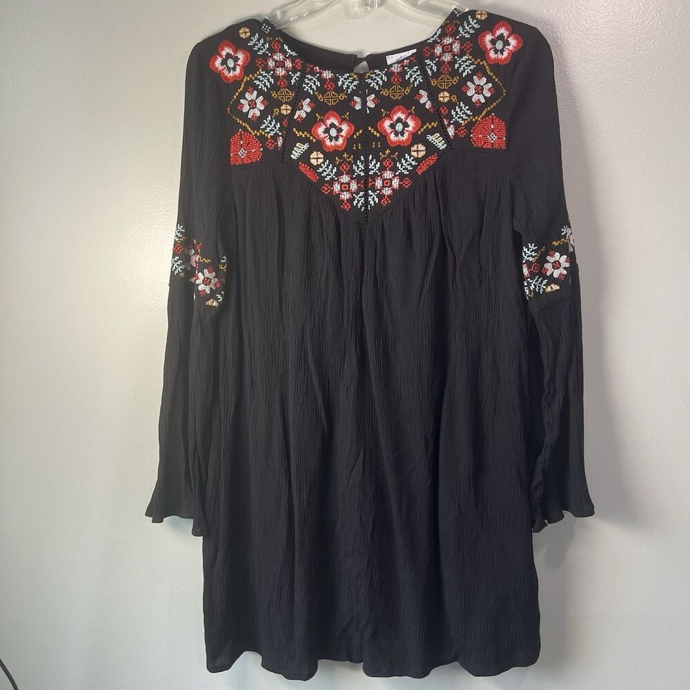 Blue Rain Black Mini Dress With Floral Embroidery Lined, Size S